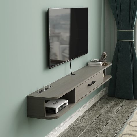 Tv Wall Decor Bedroom Small Spaces, Television Wall Ideas Small Spaces, Tv In Small Bedroom, Tv Wall Decor Bedroom, Small Tv Console, Wall Mount Tv Shelf, Shelf With Storage, Floating Media Console, Floating Tv Cabinet