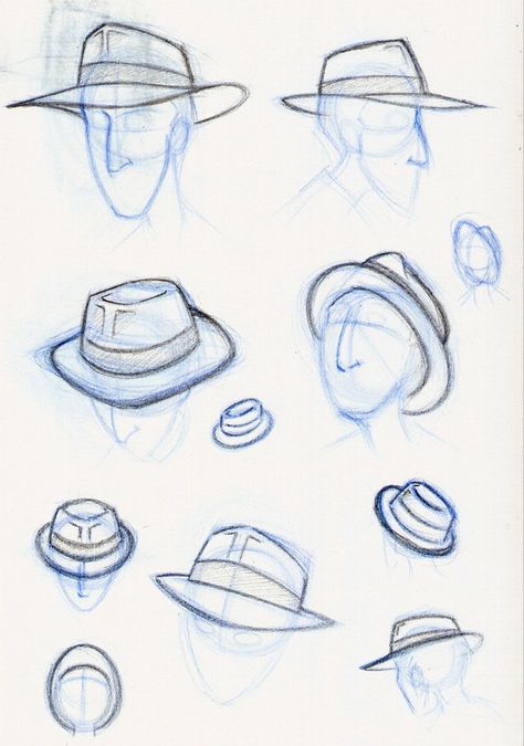 Fedora Hat Drawing Reference, Detective Hat Drawing, Fedora Drawing Reference, Fedora Reference, How To Draw A Hat On A Head, Fedora Hat Drawing, Cap Drawing Reference, Hat Perspective, Fedora Drawing