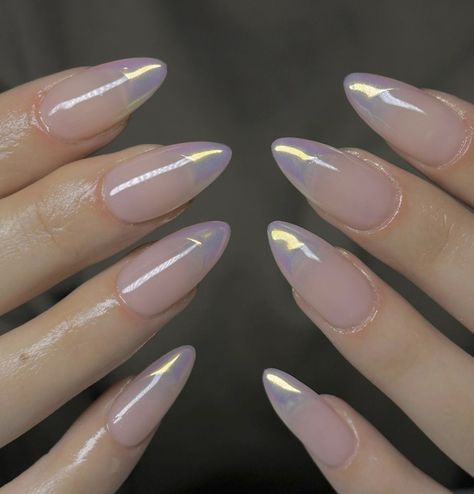 Almond Nails Iridescent, Nail Inspo Iridescent, Chrome Tips Almond Nails, Chrome Iridescent Nails, Iridescent Almond Nails, Iridescent Acrylic Nails, Nails Chrome Tips, Pretty Chrome Nails, Subtle Christmas Nails Acrylic