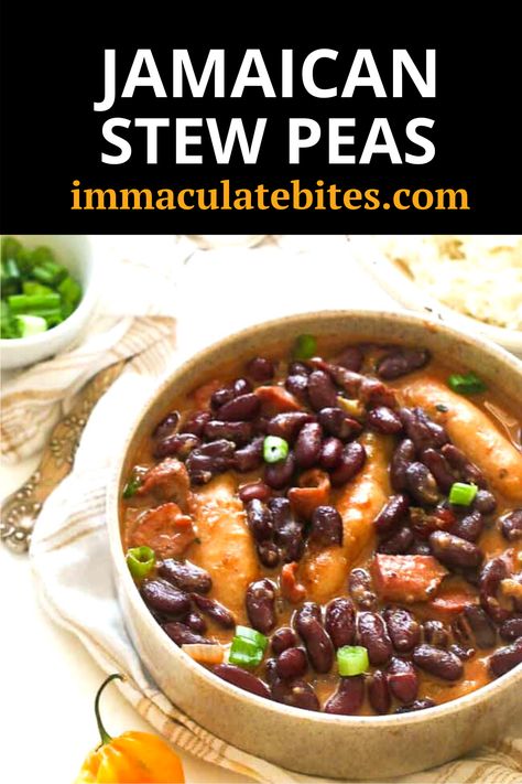 Despite the name, this stew does not contain peas at all. It actually has kidney beans, which are called red peas in Jamaica. You can start by cooking them from scratch, which would take you some time or just go with canned beans. Stewed Kidney Beans, Caribbean Bean Recipes, Stew Peas With Pigtail, Pigtail Recipes, Stew Peas Jamaican Recipe, Jamaican Beans, Jamaican Stew, Jamaican Stew Peas, Kidney Bean Soup