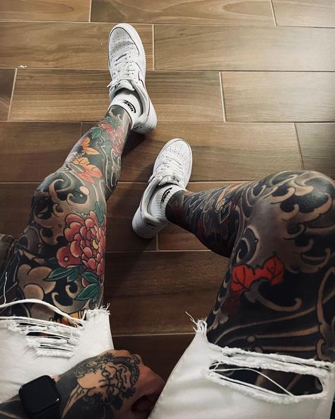 Coloured Leg Tattoos, Leg Sleeves Japanese, Leg Japanese Tattoo Men, Japanese Tattoo Leg Sleeve For Men, Asian Leg Tattoo, Tattoo Full Leg Man, Japanese Style Leg Sleeve, Japanese Leg Tattoo Sleeve, Japanese Leg Tattoo Men Design