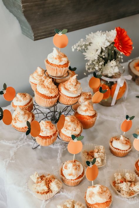 Little Cutie Baby Shower Dessert Table, Orange Theme Cupcakes, Cutie Dessert Table, Summertime Baby Shower Themes, Little Cutie Dessert Table, Peaches Baby Shower Theme, Little Cutie Cupcakes, Two Cuties Baby Shower Ideas, A Cutie Is On The Way