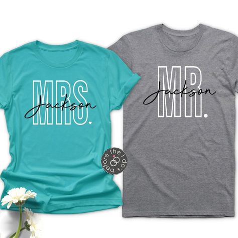 ----------> DESCRIPTION <---------- Show off your Mr. and Mrs. status! Classic in style with a relaxed fit, these tees are perfect for your honeymoon and every day after. ----------> DETAILS + SIZING <---------- SIZING: See size chart under additional product images. Compare your measurements in inches to the size chart to determine your sizing. If you prefer a more relaxed or looser fitting apparel item, you may wish to order a size up based on your discretion. CARE INSTRUCTIONS: Machine wash c His And Her Shirts, Married Couple Shirts, Just Married Shirts, Cute Couple Shirts, Married Shirt, Mrs Shirt, Honeymoon Shirts, Honeymoon Outfits, Matching Couple Shirts