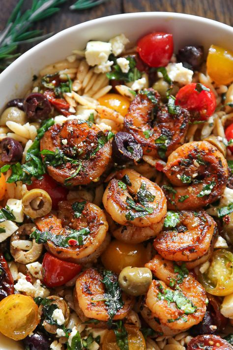 Shrimp Feta Orzo, Greek Shrimp Orzo, Orzo And Feta, Shrimp With Orzo, Mediterranean Quinoa Bowl, Orzo Feta, Greek Shrimp, Shrimp Orzo, Mediterranean Recipes Healthy