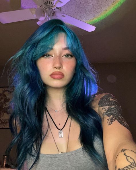 Blue Hair With Bangs Long, Blue Teal Hair Ombre, Cool Blue Hair Ideas, Blue Dimensional Hair, Blue Hair And Eyebrows, Light Blue Streaks In Black Hair, Blue Hair On Pale Skin, All Blue Hair, Light And Dark Blue Hair