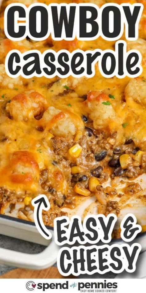 This hearty cowboy casserole is bursting with meaty flavors and melty cheese, and promises to nourish and satisfy the hungriest crowd. Seasoned ground beef is cooked with cream of chicken soup, black beans, sour cream, and cheddar, layered with tater tots until golden and irresistible. Pair this comfort dish with cornbread and butter for a filling meal that's sure to please your whole crew. This cowboy casserole recipe is ideal for feeding big families or potluck crowds! #spendwithpennies Hamburger Potluck Dishes, Cowboy Tater Tot Casserole Ground Beef, Cowboy Casserole Recipe Tater Tots, Cowboy Potluck Ideas, 9 X 13 Casseroles, Fiesta Chicken Tater Tot Casserole, Southern Dishes For A Crowd, Easy Casserole Recipes For Dinner 4 Ingredients Crock Pot, Million Dollar Tater Tot Casserole