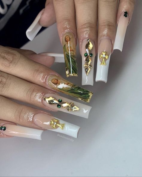 Nails Quinceanera, San Judas Nails, Latina Nails Acrylic, Acrylic Nails Yellow, Mexican Nails, Latina Nails, Quinceanera Nails, Green Acrylic Nails, Tapered Square Nails