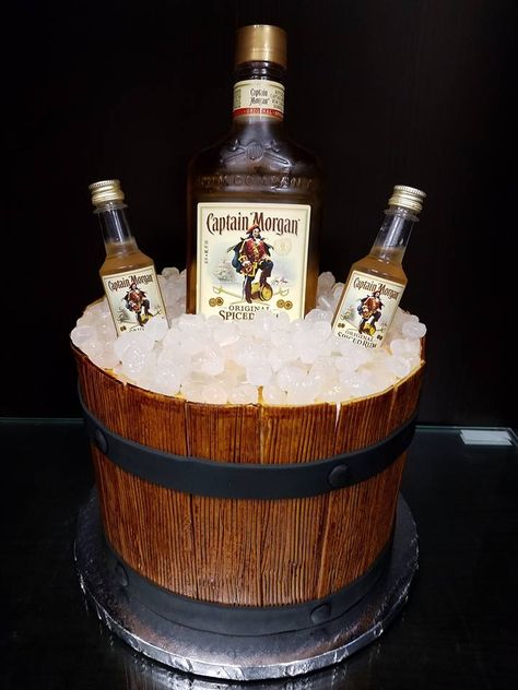 Captain Morgan Barrel Cake Captain Morgan Birthday Ideas, Captain Morgan Party Theme, Rum Themed Cake, Rum Bottle Cake, Captain Morgan Birthday Cake, Rum Birthday Cakes For Men, Captain Morgan Cake, Beer Barrel Cake, Drinks With Captain Morgan