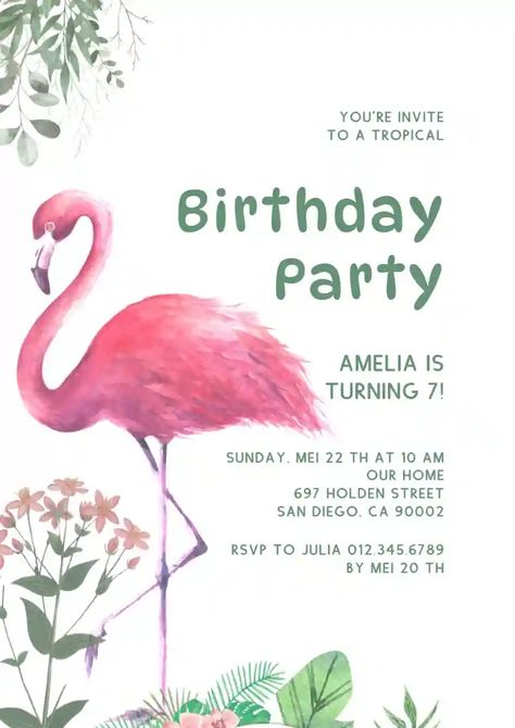 Watercolor Flamingo, Tropical Birthday Party, Kids Birthday Invitation, Online Invitation, Tropical Birthday, Invitation Maker, Birthday Invitations Kids, Online Invitations, Youre Invited