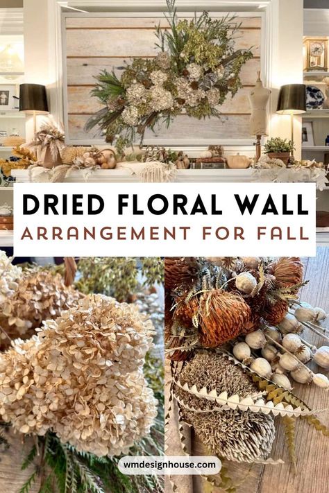 fall wall decor, fall decor, diy fall decor, fall decor ideas, diy, fall fireplace decor with fall leaves and dried flowers, fall diy floral decor for inside your home, indoor fall decor Floral Wall Arrangements, Diy Dried Flower Arrangement, Using Dried Flowers, Wall Arrangements, Fake Walls, Fall Floral Arrangement, Fall Home Decor Ideas, Dried Flowers Diy, Fall Floral Arrangements