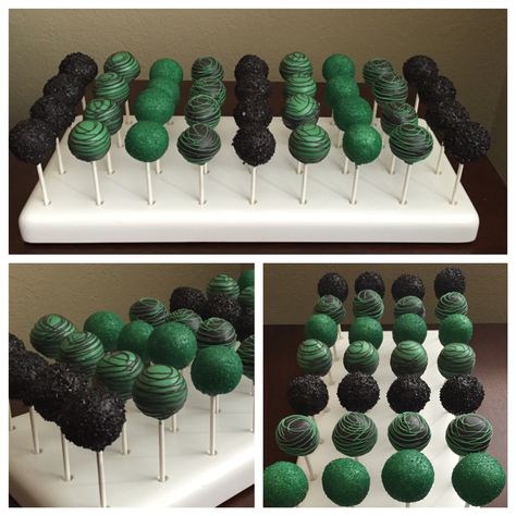 Emerald Green And Black Birthday Party Ideas, Dark Green And Gold Cake Pops, Forest Green Cake Pops, Olive Green Cake Pops, Green And Black Themed Birthday Party, Emerald Green And Black Wedding Cake, Black Green Wedding Cake, Black And Green Cupcakes, Black And Emerald Green Wedding Decor