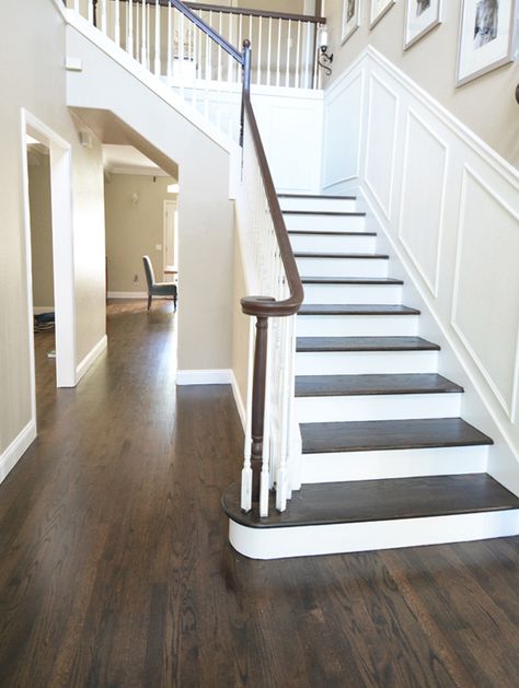 Jacobean Wood Floors, Jacobean Floors Living Room, Dark Floor Stain, Jacobean On White Oak, Jacobean Floors, Hardwood Floors Refinish, Dark Hardwood Floors Living Room, Stairs White, Oak Floor Stains