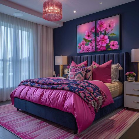 Bold Pink and Navy Bedroom Interior Color Combination for a Stylish Space • 333+ Inspiring Lifestyle Ideas Navy Orange Pink Bedroom, Gray And Hot Pink Bedroom, Teal And Magenta Bedroom, Navy Blue And Hot Pink Bedroom, Pink Primary Bedroom, Pink Romantic Bedroom, Trippy Interior, Magenta Bedroom Ideas, Pink Navy Bedroom