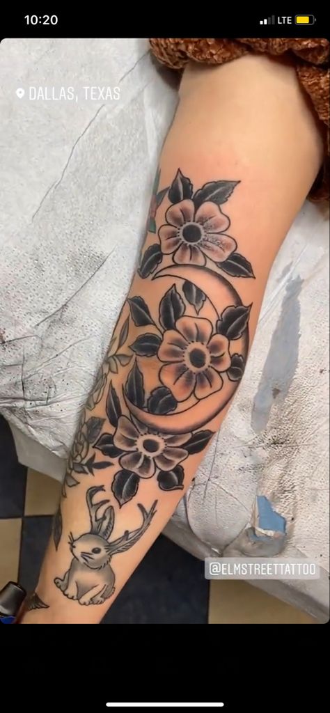 Elbow Crease Tattoos For Women, Moon Elbow Tattoo, Back Of Elbow Tattoo, Moon Flower Tattoo, Elbow Tattoo, Elbow Tattoos, Dream Tattoos, Ink Ideas, Moon Flower