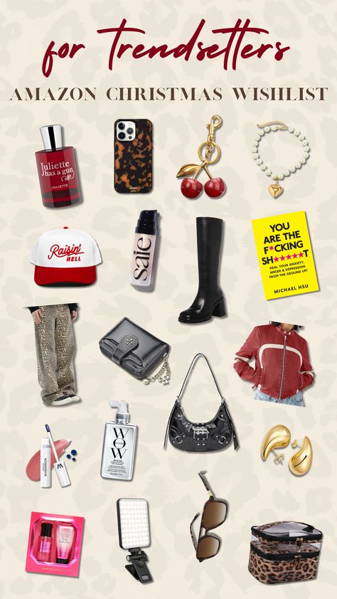 A trendy Christmas wishlist collage featuring popular gift ideas, including luxury perfume, tortoiseshell iPhone case, cherry keychain, pearl bracelet, "You Are The Fcking Sht" book, "Raisin' Hell" cap, beauty serum, black heeled boots, leopard print pants, designer wallet, red and white leather jacket, black mini shoulder bag, gold abstract earrings, pink makeup gift set, LED selfie light, tortoiseshell sunglasses, leopard print cosmetic bag, and more. Amazon Christmas Ideas, Gift Ideas For Fashion Lovers, Trendy Amazon Finds, Christmas Amazon Finds, Amazon Wishlist Ideas, Amazon Must Haves 2024, Christmas Wishlist 2024, Amazon Christmas List, Christmas Gift Wishlist