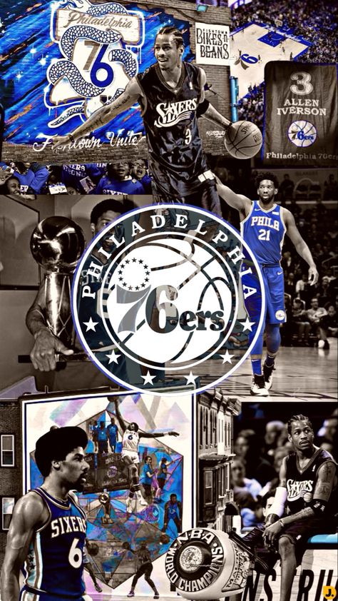 #nba #nbaplayers #philadelphia #76ers #philadelphia76ers #embiid #iverson #background #wallpaper #collage #aestheticedits Enamel Pin Collection, Philadelphia 76ers, Nba Teams, Nba Players, The Challenge, Philadelphia, Nba, Basketball, Fan