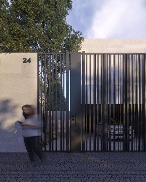 Minimalist Fence Design Modern Houses, Entry Fence And Gate, House Gate Design Front Entry, Minimalist Gate Design Modern, Gates Design Modern, House Entrance Gate, Fence Design Modern, Metal Entrance Gates, Gate Design Modern Entrance