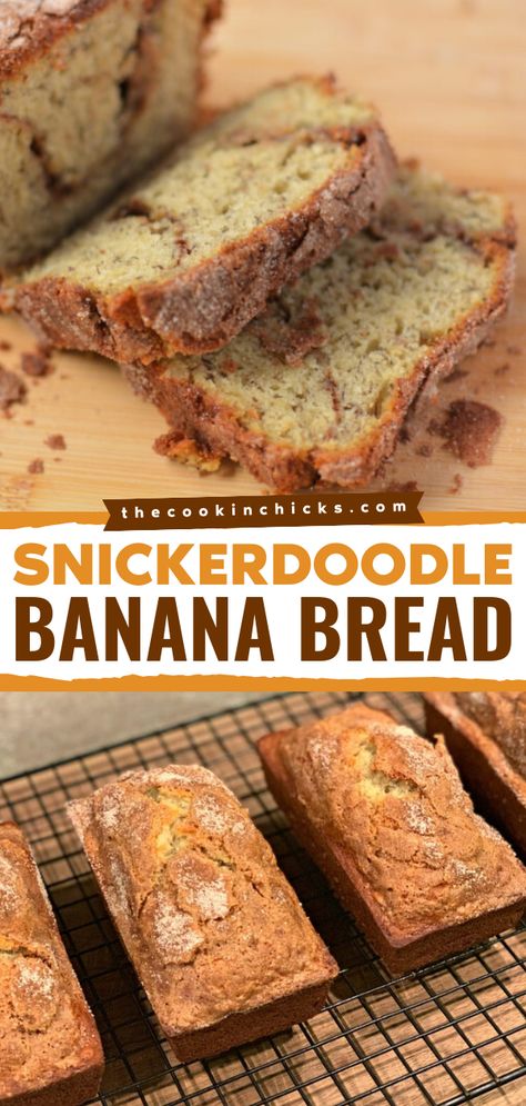 Here's a quick bread recipe for your fall baking ideas! It's a unique twist on a moist homemade banana bread. Packed with cinnamon sugar goodness, this is the BEST Snickerdoodle Banana Bread. The perfect morning breakfast this season! Banana Bread Best Ever, Baked Bread Desserts, Snickerdoodle Banana Bread Recipe, Yummy Banana Recipes, Loaves Of Bread Recipes, Most Moist Banana Bread, Banana Nut Bread Recipe Mini Loaves, Easy Yummy Bread Recipes, Banana Bread Variations Recipe