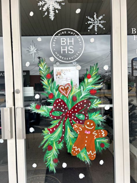 Holiday Window Painting Ideas Diy Christmas, Christmas Business Window Painting, Window Painting Ideas Diy Christmas, Christmas Window Painting Colorful, Wreath Window Painting, Christmas Tree Window Painting, Winter Wonderland Window Painting, Christmas Window Paint, Painted Christmas Windows