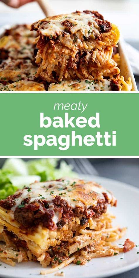 Comforting and delicious, this Baked Spaghetti is perfect for potlucks or Sunday dinner. Spaghetti noodles are combined with a meaty sauce and lots of cheese and baked to perfection. #dinner #recipe #spaghetti Dinner Spaghetti, Homemade Meat Sauce, Winter Baking, High Protein Vegetarian Recipes, Recipe Cake, Best Pasta Recipes, Bake Recipes, Spaghetti Noodles, Baked Spaghetti