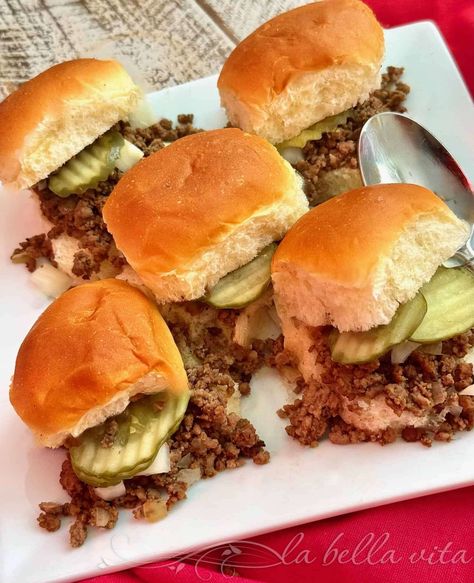 Iowa Maid-Rite Slider Sandwiches Maid Rite Recipe 12 Tomatoes, Maid Rites Recipe Iowa, Iowa Maid Rites, Maid Rite Sliders, Maid Rites, Maid Rite Sandwiches, Sandwich Sliders, Sandwich Spread Recipes, Roll Sliders