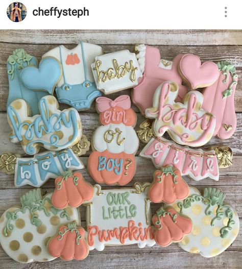 Pumpkin Gender Reveal Food Ideas, Gender Reveal Pumpkin, Cookies Gender Reveal, Gender Reveal Food, Pumpkin Gender Reveal, Halloween Gender Reveal, Gender Reveal Cookies, Baby Gender Reveal Party, Baby Cookies