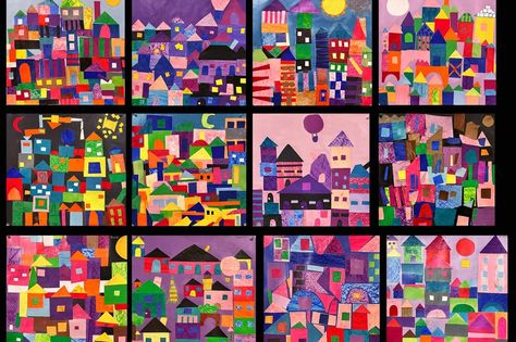 Twelve examples of 3rd grade students' cityscape mosaics inspired by Paul Klee Paul Klee Cityscape Art Lesson, Paul Klee Cityscape, Elementary Shape Art Lesson, Paul Klee Art Lesson, 3rd Grade Art Activities, Paul Klee Art Projects For Kids, Grade 3 Art Projects, Grade 1 Art Ideas, Paper Mosaic Art