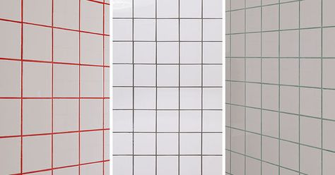 Square Tile Bathroom, White Square Tiles, Colorful Bathroom Tile, White Grout, Coloured Grout, White Ceramic Tiles, White Wall Tiles, White Bathroom Tiles, Red Tiles