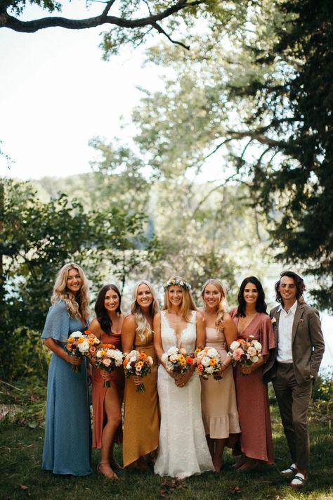 Casual Mismatched Bridesmaids, No Traditional Bridesmaid Dresses, Alternative Bridesmaid Dresses Summer, Mismatched Midi Bridesmaid Dresses, Eclectic Bridesmaid Dresses Fall, Mismatched Earthy Bridesmaid Dresses, Small Bridal Party Mismatched Dresses, Bhldn Bridesmaid Dress Mismatched, Muted Rainbow Wedding Bridesmaids