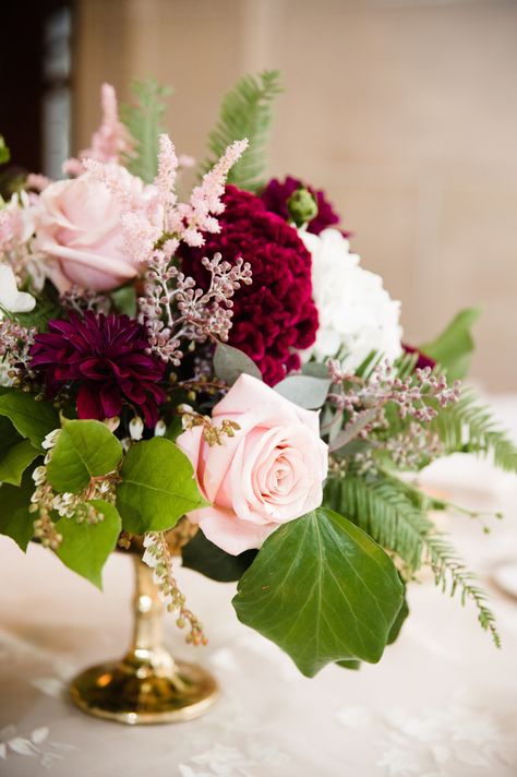 Burgundy dahlia, pink rose, seeded eucalyptus, wedding flowers, floral centerpiece // Amanda Megan Miller Photography Burgundy Wedding Centerpieces, Pink Flower Arrangements, Pink Wedding Flowers, Fall Wedding Flowers, Burgundy Flowers, Flower Centerpieces Wedding, Floral Arrangements Wedding, Wedding Flower Arrangements, Burgundy Wedding