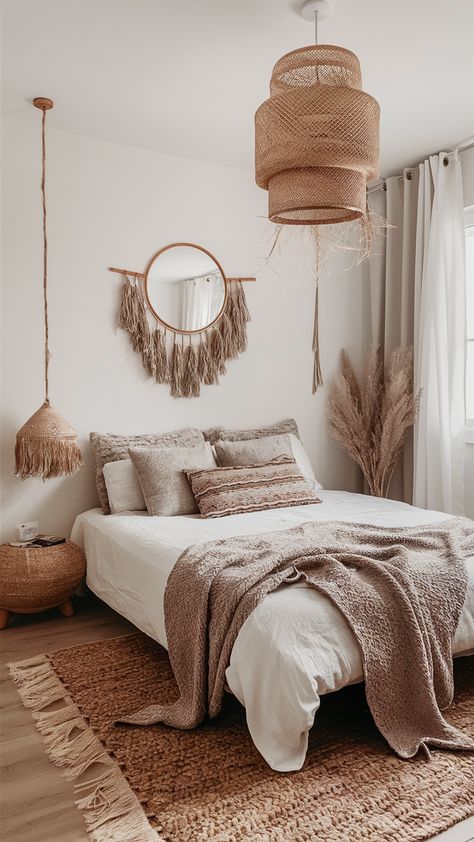 A serene minimalist boho bedroom with soft neutral tones, light wooden furniture, and a woven hanging light casting a warm glow. Bold Bedroom, Boho Style Bedroom, Tranquil Retreat, Style Bedroom, Bedroom Boho, Girl House, Neutral Decor, Cozy Corner, Hanging Light