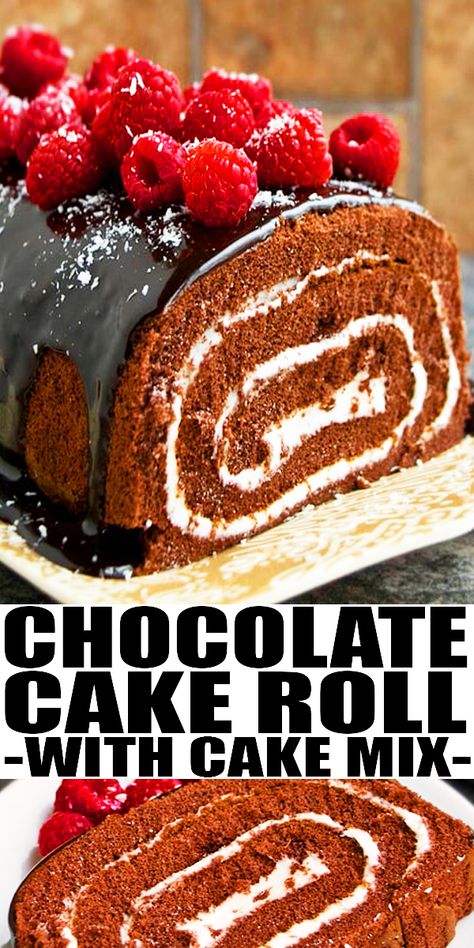 CHOCOLATE CAKE ROLL RECIPE- Easy roll cake, homemade with simple ingredients. Starts off with Devil’s food or chocolate cake mix. Filled with buttercream icing, topped with rich and creamy espresso chocolate ganache and fresh raspberries. Also known as Swiss Roll Cake. From CakeWhiz.com Chocolate Cake Roll, Amazing Chocolate Cake, Chocolate Swiss Roll, Chocolate Roll Cake, Chocolate Ganache Cake, Swiss Roll Cake, Ganache Cake, Cake Roll Recipes, Chocolate Sponge Cake