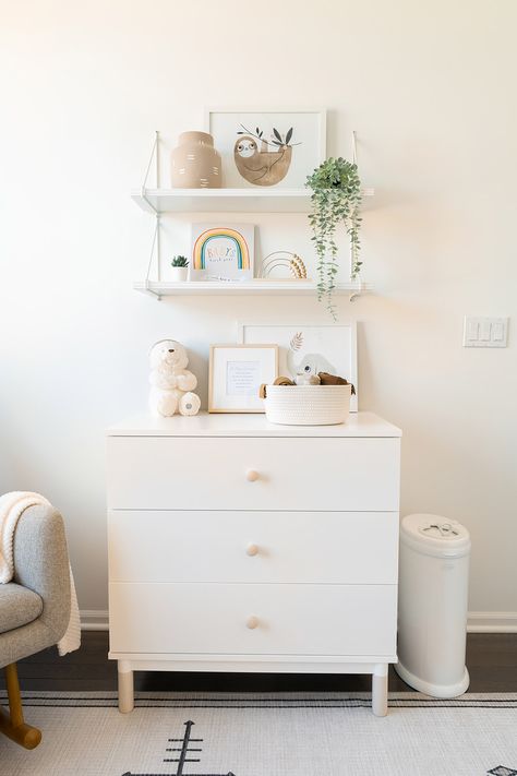 Small Dresser Nursery, Small Nursery Dresser, Baby Shelf Decor, Baby Dresser Decor, Nursery Styling, Baby Shelf, Modern Rocking Chair Nursery, Narrow Closet Design, Gender Neutral Nursery Ideas