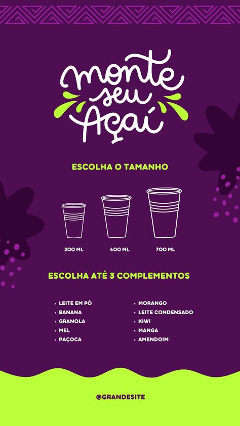 story instagram cardápio monte seu açaí lettering roxo e verde - Templates by Canva Açaí Story, Font Combos, Photoshop Design Ideas, Create Your Story, Photoshop Design, Story Instagram, Story Template, Post Design, Eye Catching Colors