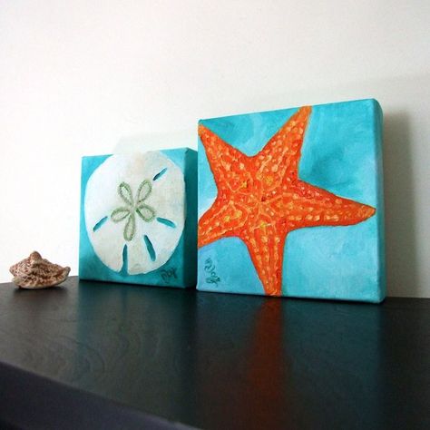 sand dollar beach | Beach Paintings, SAND DOLLAR & STARFISH Set, 5x5 Oil Canvas Water Room, Mini Toile, Beach Paintings, Paint Crafts, Mermaid Nursery, Beach Room, Oil Canvas, Art Easy, Tropical Blue