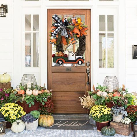 Fall Wreath for Front Door, 16 inch Door Wreath Truck Door Wreath, Autumn Harvest Porch Decor, Thanksgiving Farmhouse Decoration Indoor Outdoor Wreath with Ribbon Bow - Walmart.com Bow Wall, Pumpkin Patterns, Fall Floral Decor, Floral Door Wreaths, House Door, Christmas Ornament Wreath, Pumpkin Truck, Outdoor Wreaths, Farmhouse Holiday