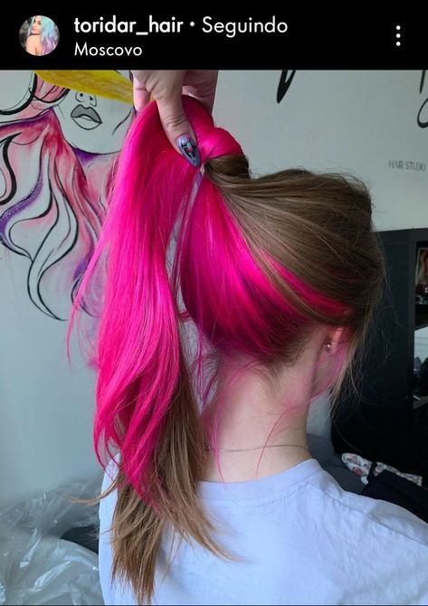 Hot Pink Halo Hair, Dip Dye Hair Brunette, Pink Halo Hair, Weird Haircuts, Underneath Hair Color Ideas, Fantastic Hairstyles, Underneath Hair Color, Blue And Pink Hair, Hidden Hair Color