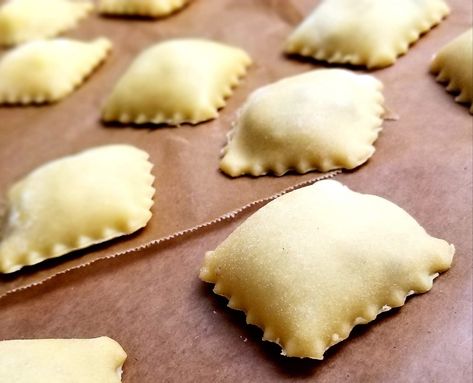 Homemade Four Cheese Ravioli Four Cheese Ravioli Recipe, Four Cheese Ravioli, Cheese Ravioli Recipe, Ravioli Recipe Homemade, Ravioli Dough, Ravioli Filling, Basil Pesto Sauce, Lobster Ravioli, Homemade Ravioli