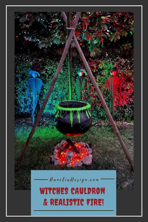 Halloween yard display of 3 witches, cauldron hanging from a wood tripod, and a fake burning embers fire Outdoor Halloween Witch, Witch Display, Witches Coven, Halloween Witch Cauldron, Fake Fire, Scary Halloween Decorations Diy, Halloween Diy Outdoor, Halloween Outside, Halloween Props Diy