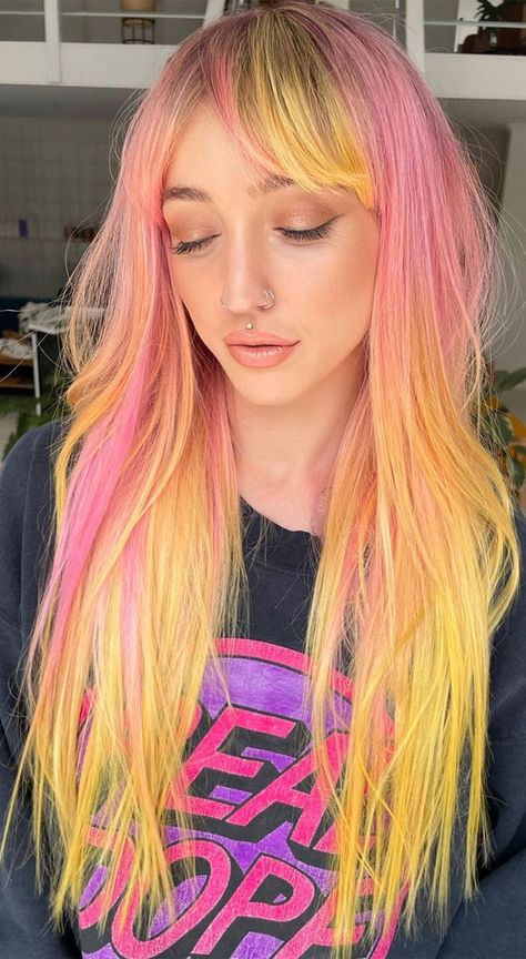 Pink Orange Blonde Hair, Pink Lemonade Hair, Pink Rainbow Hair, Sunset Short Hair, Baby Pink Hair Color, Salmon Pink Hair, Dusty Rose Hair Color, Glamor Magic, Pink Yellow Hair