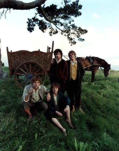 Sean Astin, Billy Boyd, Elijah Wood, & Dominic Monaghan on set during the filming of 'The Lord of the Rings: The Fellowship of the Ring' in 1999 - 9GAG Bilbo Baggins Lord Of The Rings, Billy Boyd, Sf Style, Concerning Hobbits, Frodo Baggins, Into The West, The Shire, Fellowship Of The Ring, Jrr Tolkien