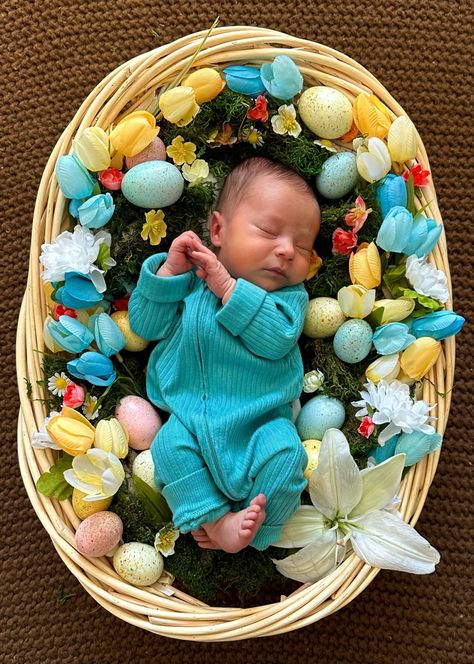 Made our own little easter basket for our newborns first Easter! All at home crafts shot on our iPhone 📱🐣💙🩷🤍💛💚 Diy Newborn Easter Pictures, Newborn Photography Easter, Newborn Easter Basket Photo Shoot, Easter Egg Baby Photoshoot, Newborn Easter Basket, At Home Crafts, Photo Shoot At Home, Spring Photo Shoot, Newborn Easter