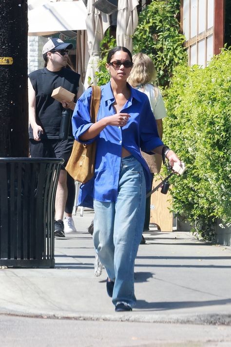 I Just Re-Created Laura Harrier's Affordable Blue Shirt Outfit | Who What Wear UK Simple Shirt Design, Laura Harrier, Celebrity Style Icons, Everyday People, Celebrity Street Style, Chic Outfit, Simple Shirts, Wardrobe Basics, Low Rise Jeans