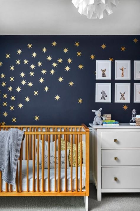 Boy Nursery Colors, Navy Blue Nursery, Boys Room Blue, Boys Room Design, Kids Room Wall Stickers, Navy Blue Walls, Kids Playroom Decor, Gold Nursery, Bedroom Wall Colors