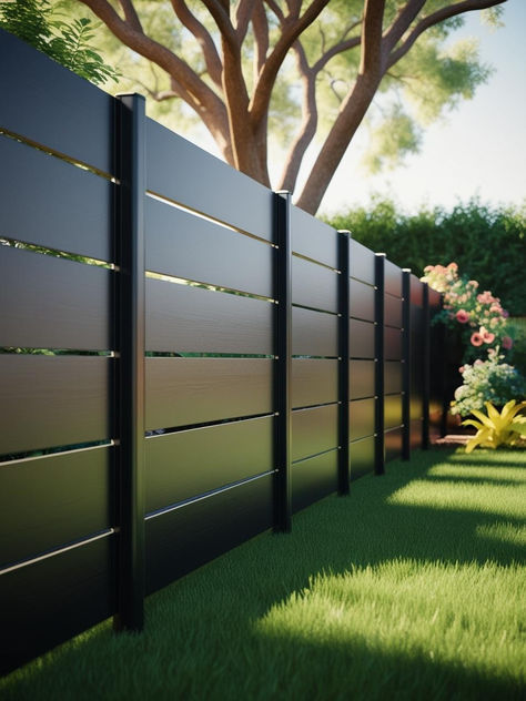 Horizontal Black Fence Ideas for Your Backyard Black Fence Front Yard, Privacy Fence Horizontal, Fences And Gates Modern, Black Fence Ideas, Modern Privacy Fence Ideas, Black Vinyl Fence, Black Privacy Fence, Black Fencing, Exterior Backyard