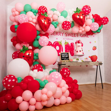 Get creative by adding this strawberry balloon arch!  We have many requests for paper products to coordinate with our sweets and do make suggestions on our boards to help you! This is an Amazon affiliate link where we do make commission. ... l Strawberry Shortcake Party Decorations, Strawberry Balloon Arch, Strawberry Balloons, Balloon Arch Kit, Strawberry Shortcake Party, Balloon Arches, Green Strawberry, Themed Desserts, Sweet 16 Birthday Party