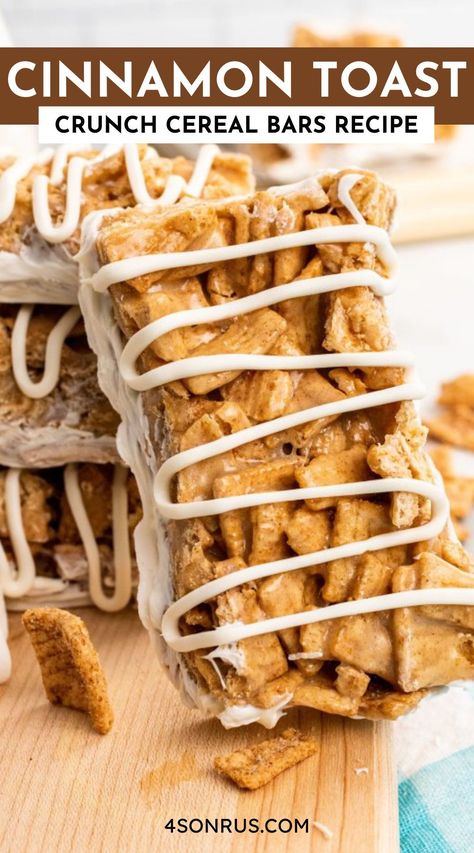 Cinnamon Toast Crunch cereal bars give Rice Krispie treats an upgrade simply by switching out the base. These bars make a perfect lunchbox treat for the kids. #breakfast #cereal #recipe Cinnamon Toast Crunch Bars, Cookie Pancakes, Unhealthy Recipes, Squares Recipes, Cinnamon Toast Crunch Cereal, Cereal Bars Recipes, Breakfast Cereal Bars, Chocolate Melts, Cinnamon Cereal