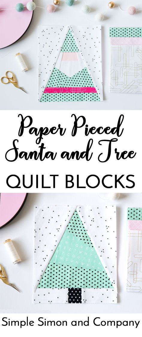 Santa Gnome and Christmas Tree Paper Pieced Quilt Blocks - Simple Simon and Company Paper Pieced Quilt Blocks, Christmas Tree Quilt Block, Christmas Tree Paper Craft, Christmas Tree Paper, Tree Quilt Block, Paper Piecing Tutorial, Christmas Quilt Blocks, Christmas Tree Quilt, Paper Pieced Quilt Patterns