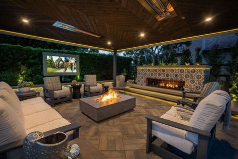 Beautiful Patio Designs With TVs And Cozy Furniture Outdoor Tv Patio, Outdoor Tv Ideas, Outdoor Porch Furniture, Patio Yard Ideas, Patio Tv, Living Space Design, Patio Remodel, Tv Ideas, Outdoor Living Space Design