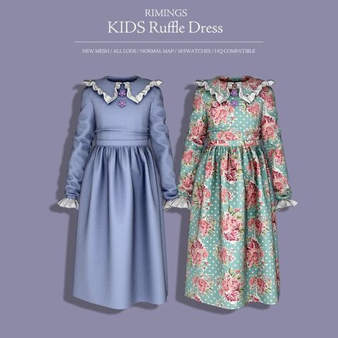 [RIMINGS] KIDS Ruffle Dress (PUBLIC) | Patreon Kids Ruffle Dress, Ts4 Clothes, Cc Clothing, Sims 4 Decades Challenge, Alpha Cc, Sims Medieval, Historical Clothes, Sims 4 Cas Mods, Sims 4 Cc Kids Clothing